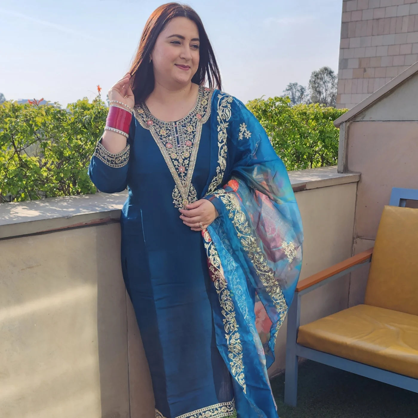 Gotapatti Suit Turquoise Blue with tissue Dupatta