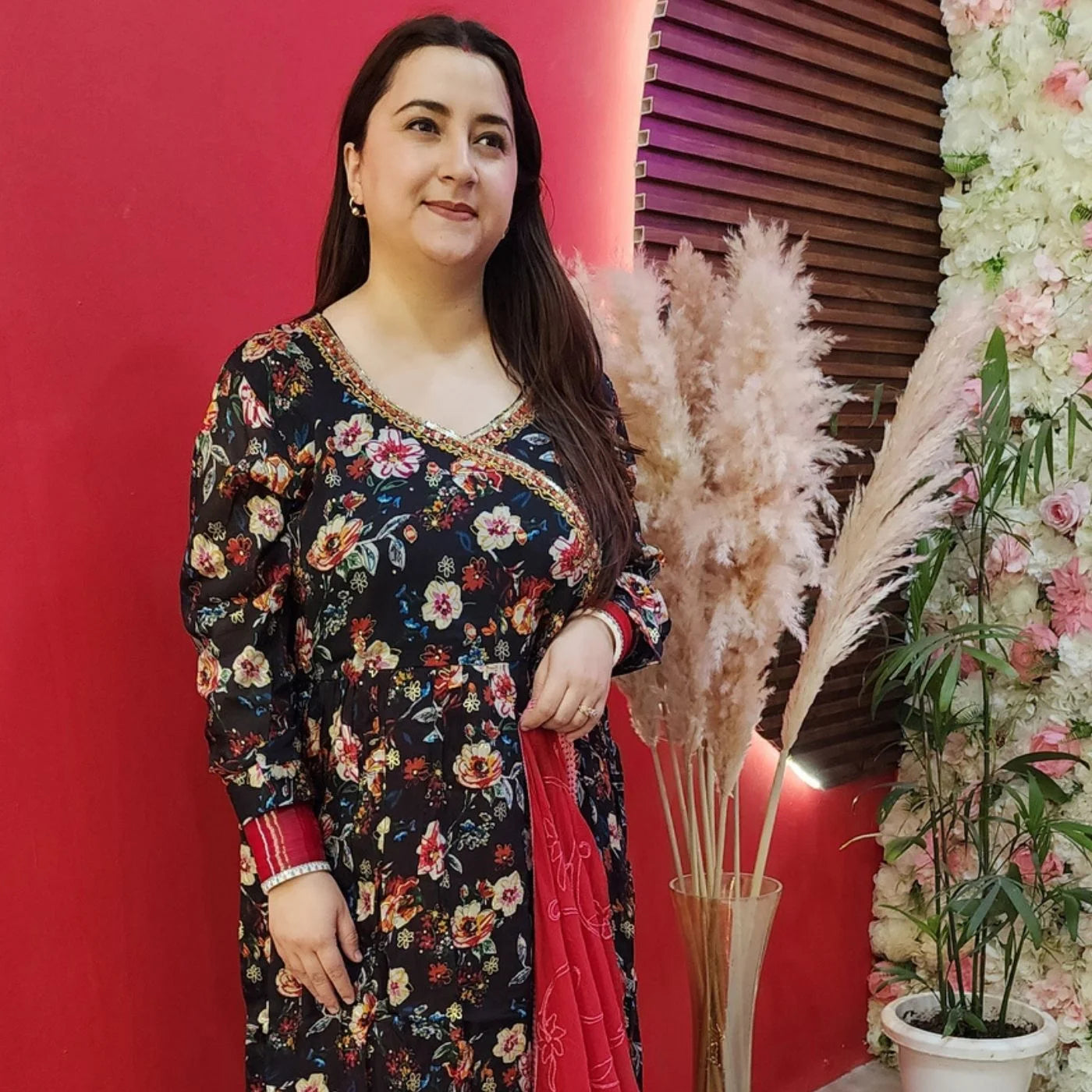 Black & Red Georgette Frock Suit