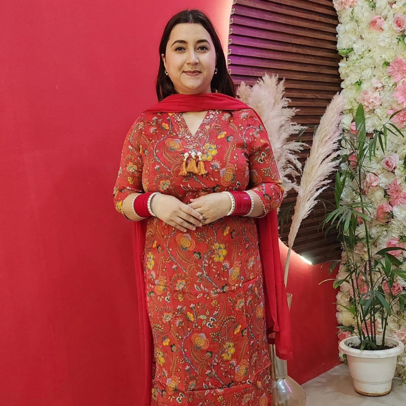 Red Chinon Suit With Gottapatti Neck Line