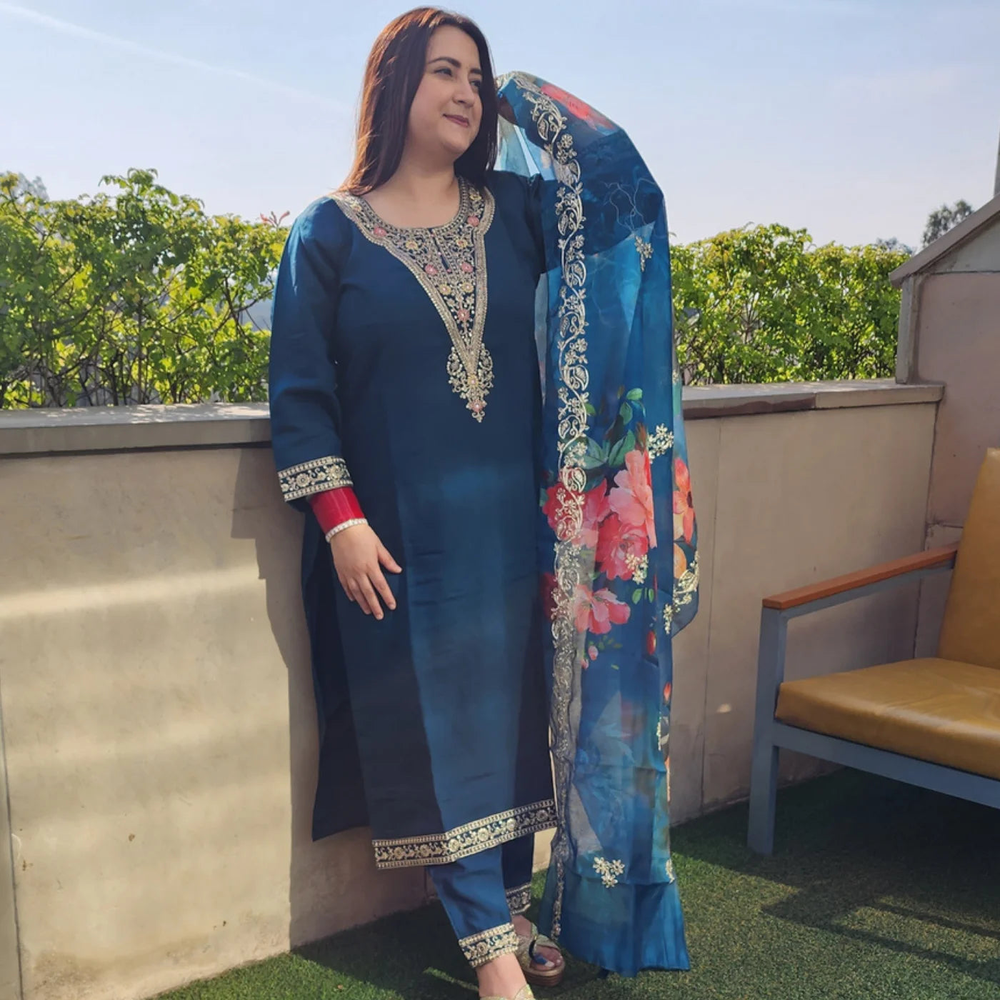 Gotapatti Suit Turquoise Blue with tissue Dupatta