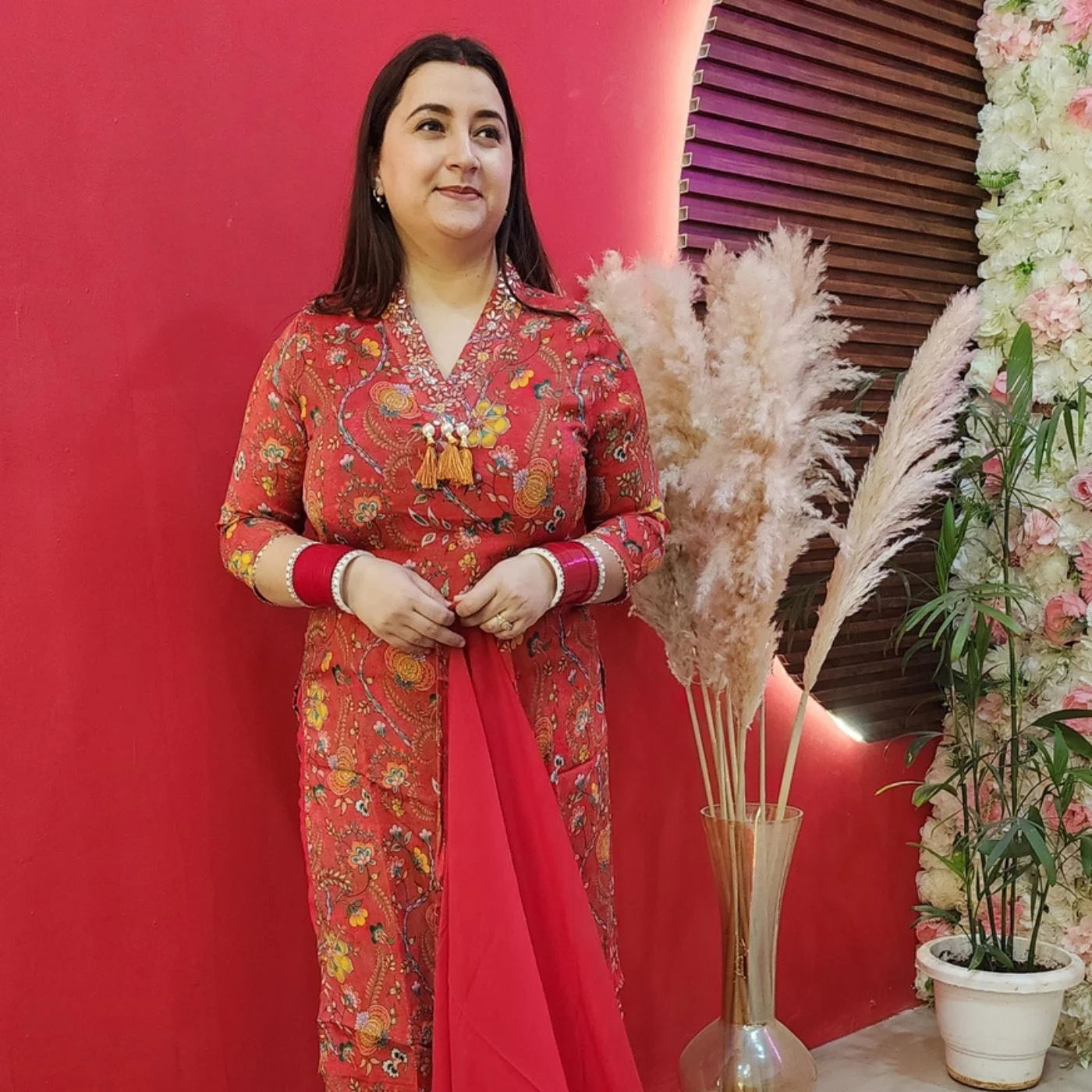 Red Chinon Suit With Gottapatti Neck Line