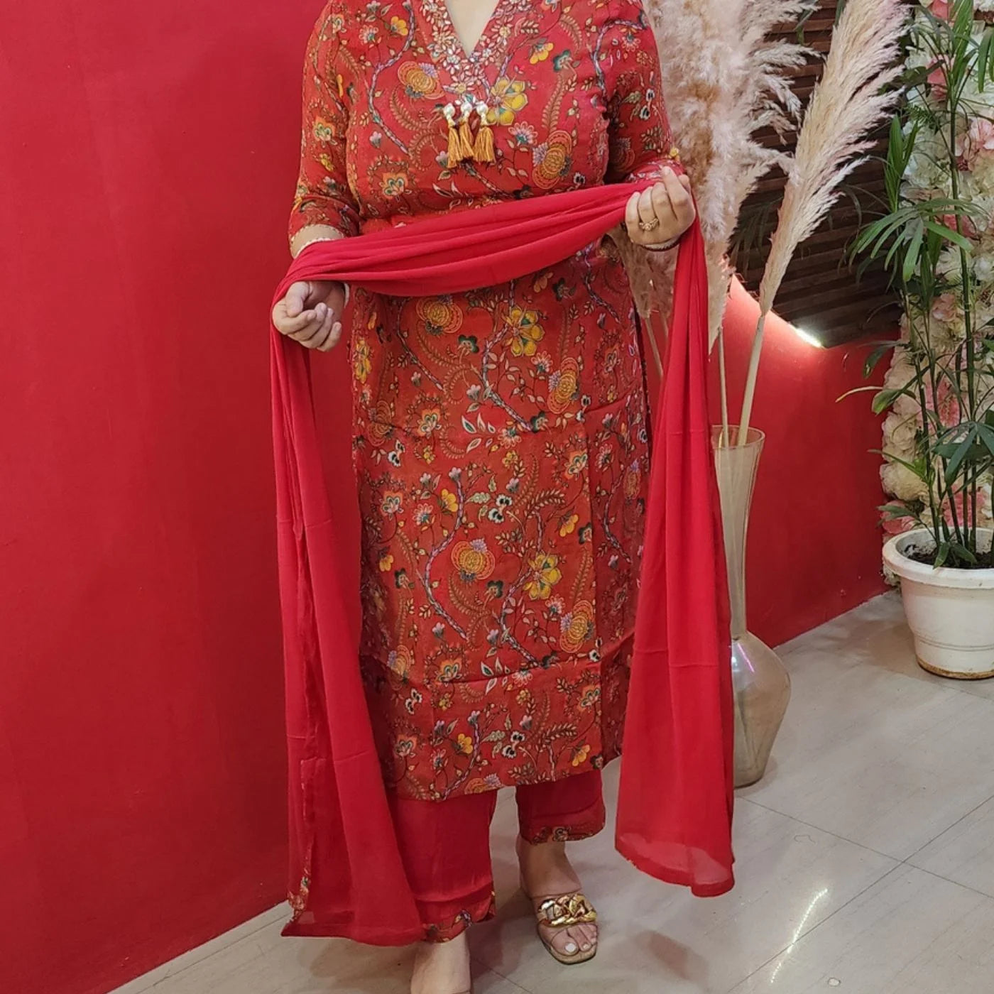Red Chinon Suit With Gottapatti Neck Line