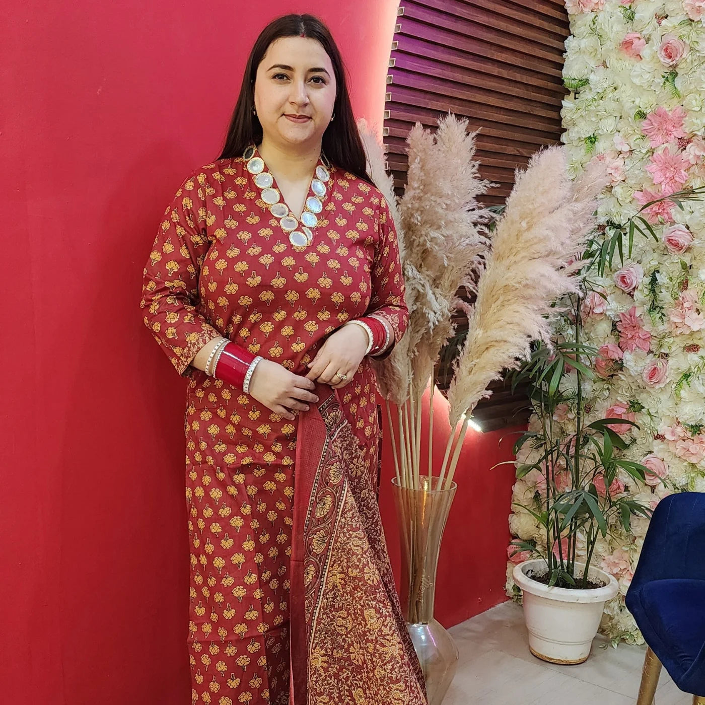 Cherry Red Cotton Suit With Mirror Work Neckline
