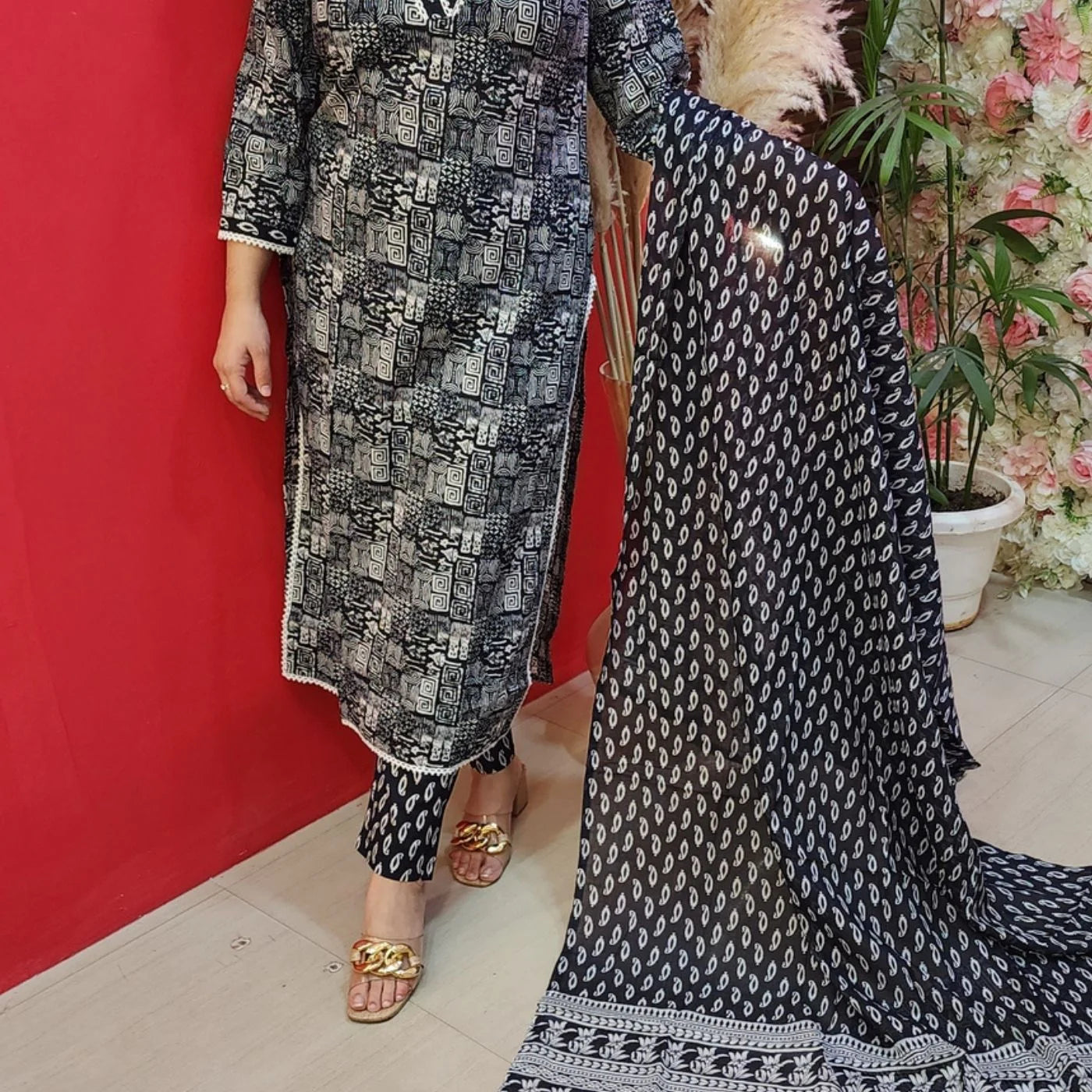 Black & White Jaipuri Print Cotton Suit