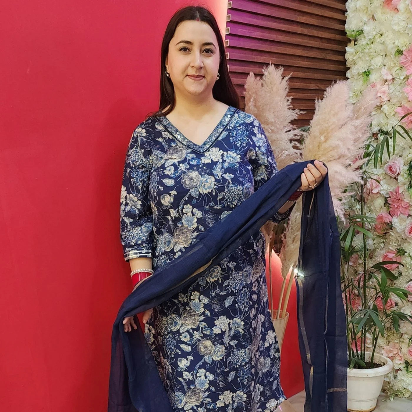 Royal Blue Cotton Floral Suit With Emborided Pockets