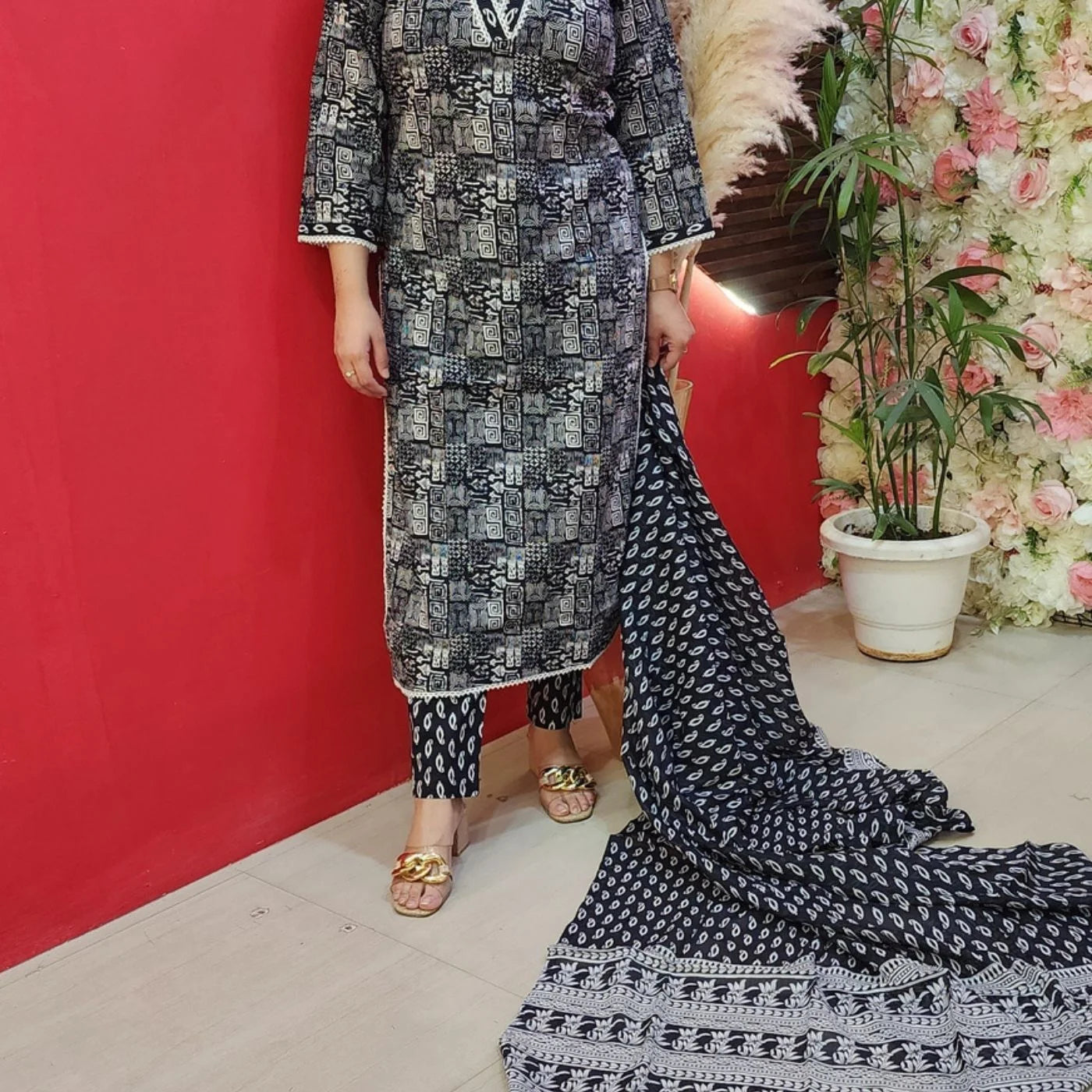 Black & White Jaipuri Print Cotton Suit