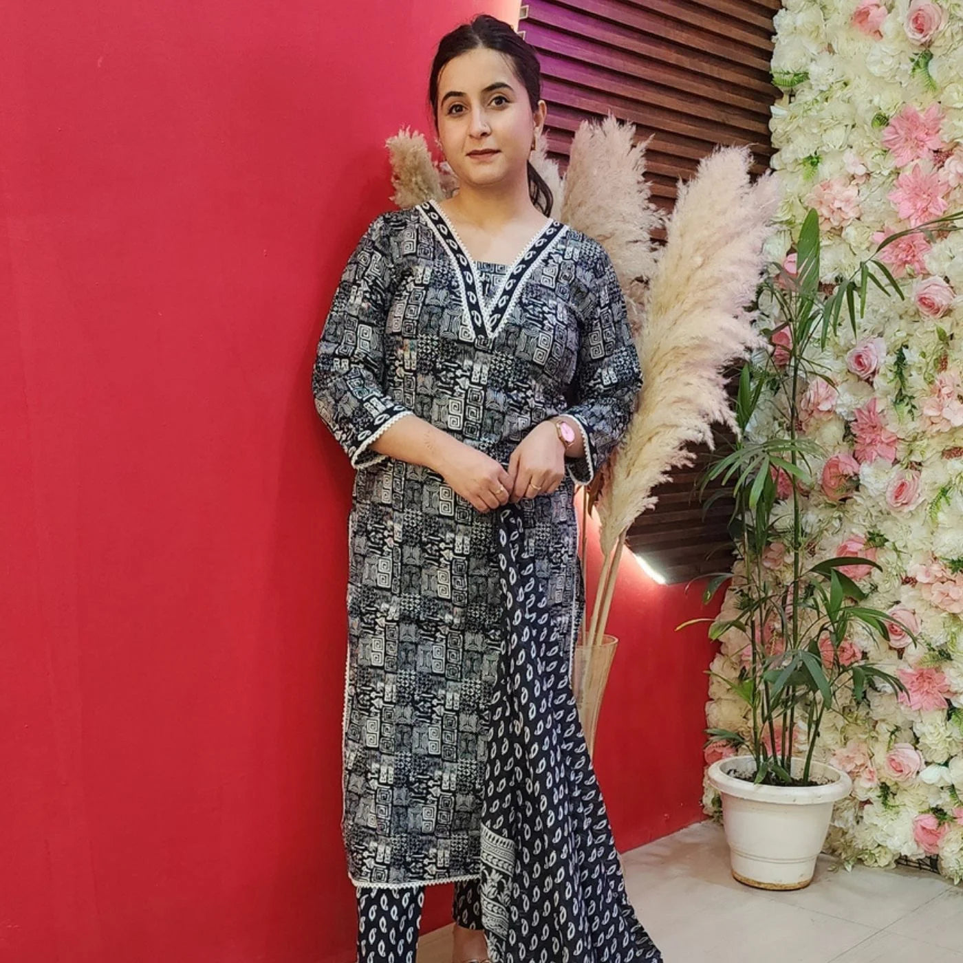 Black & White Jaipuri Print Cotton Suit