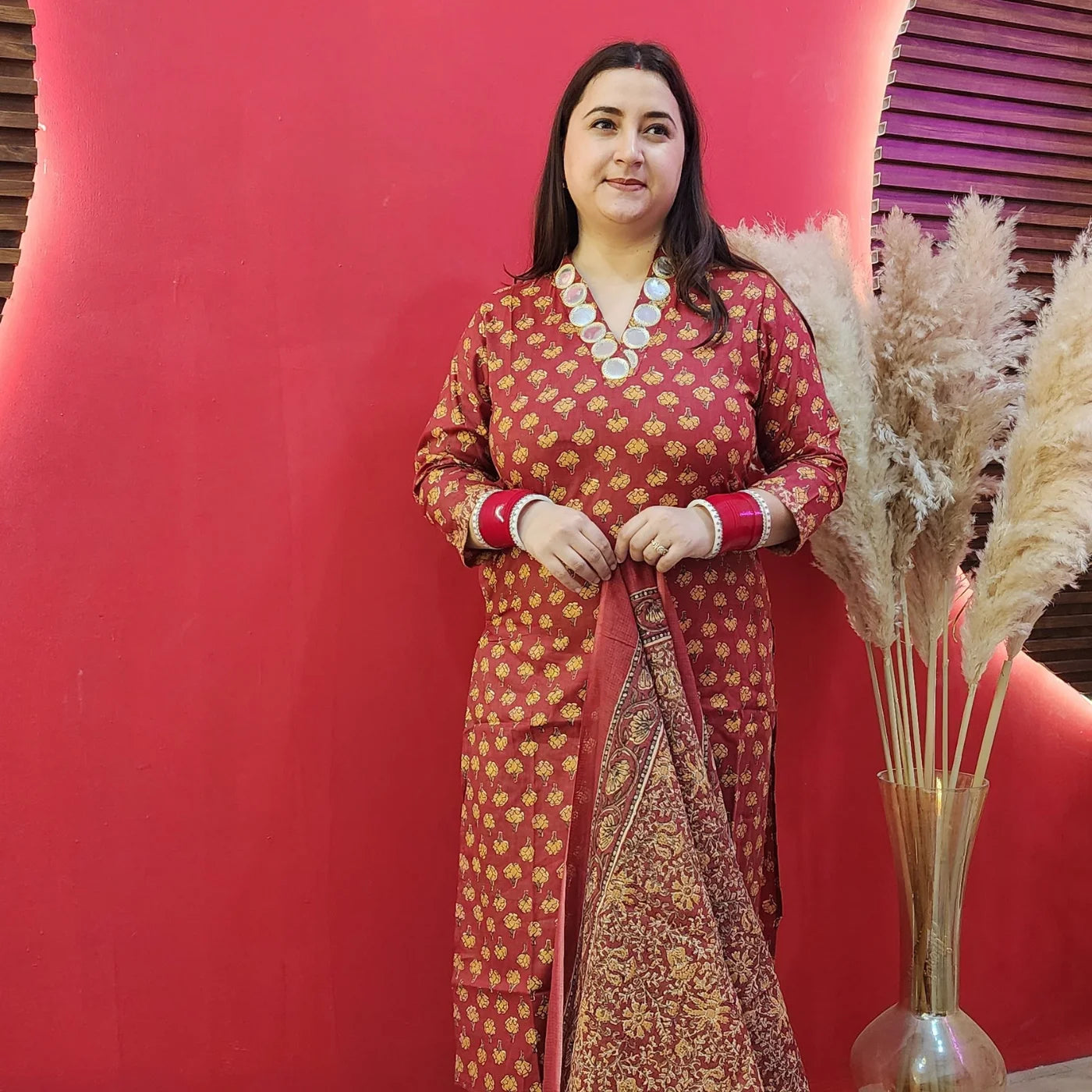 Cherry Red Cotton Suit With Mirror Work Neckline