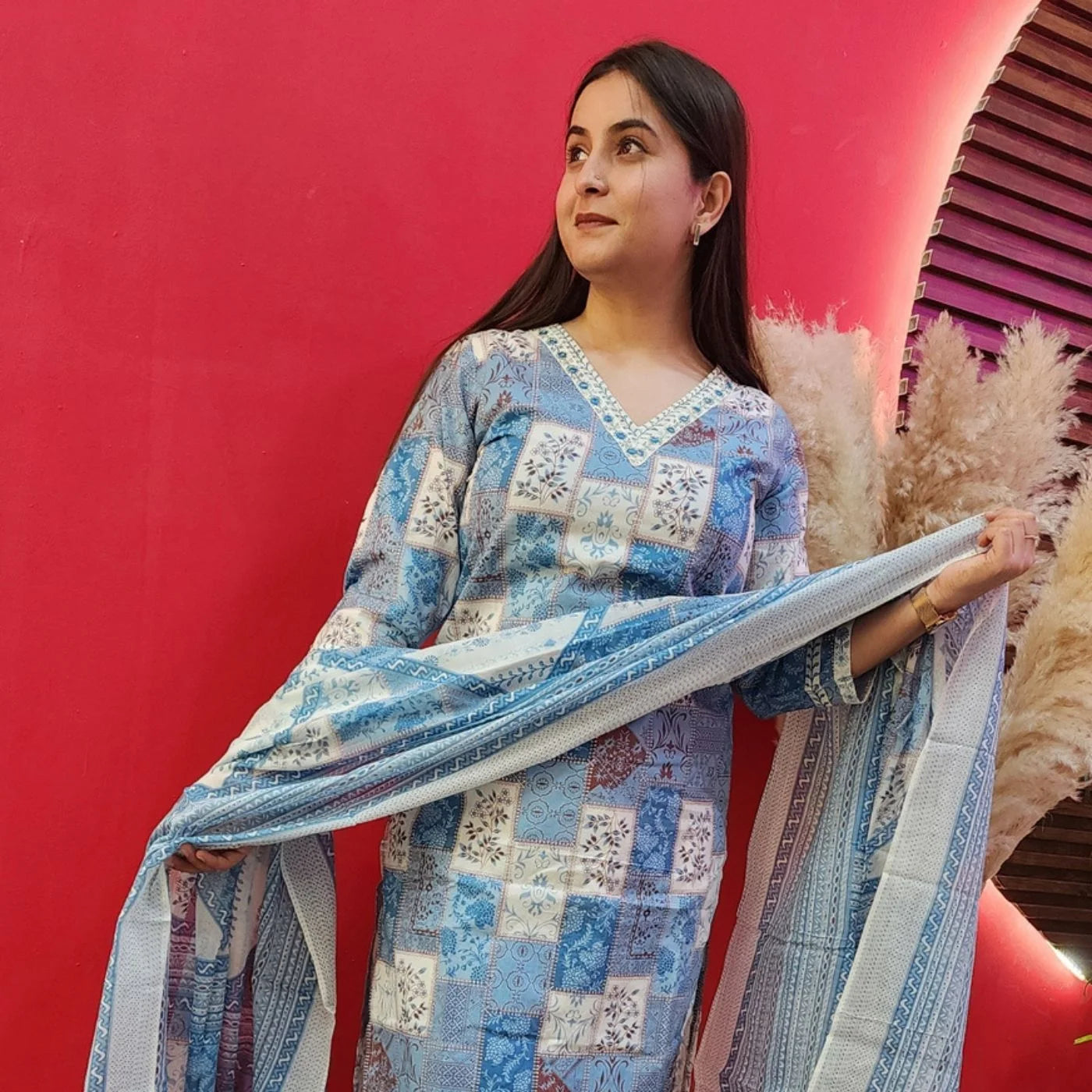 Skyblue Block Print Cotton Suit