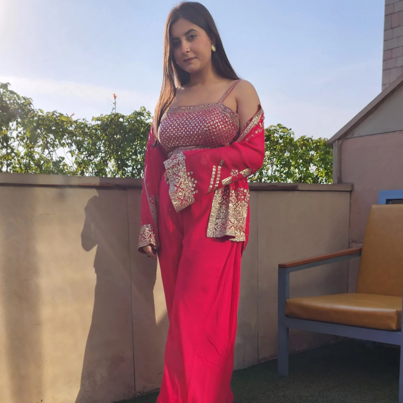 Hot Pink Plazo Set With Jacket