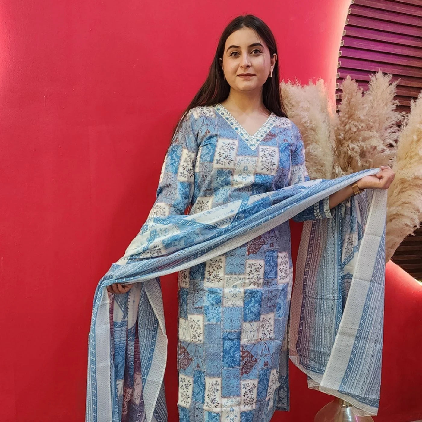 Skyblue Block Print Cotton Suit