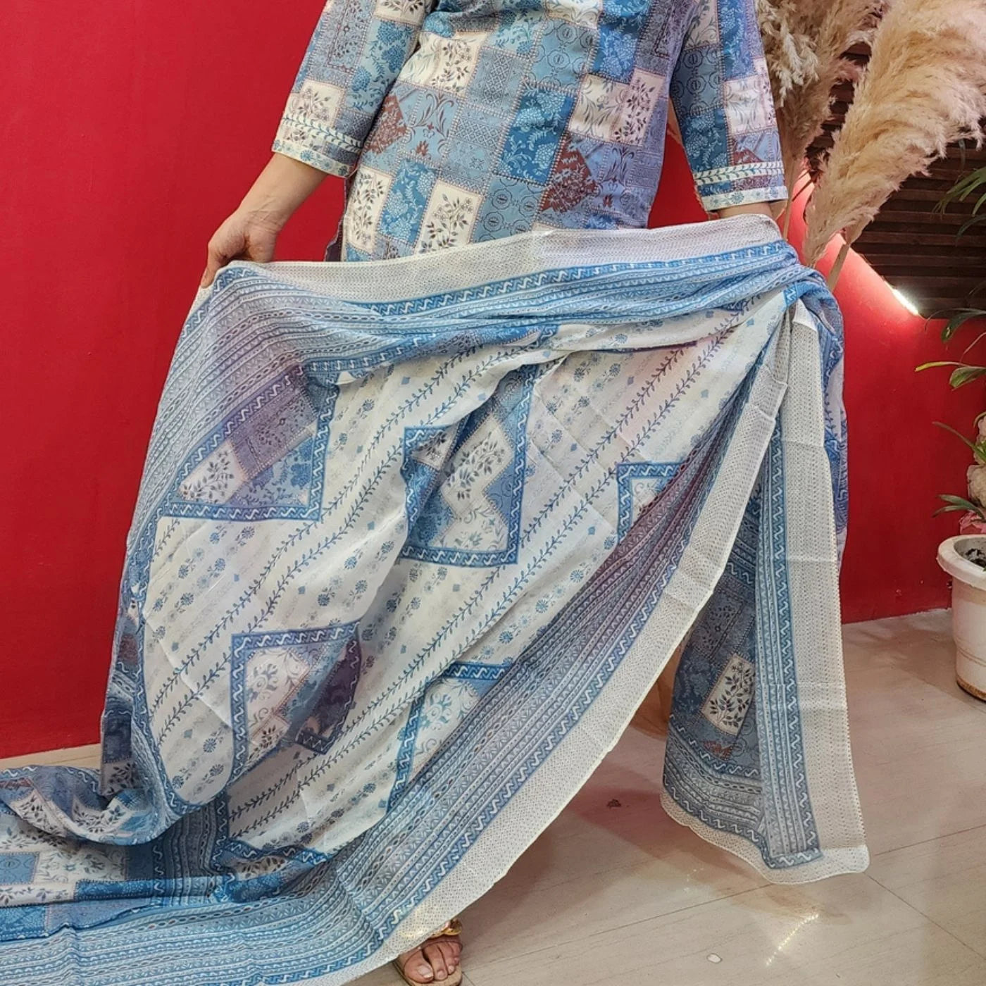 Skyblue Block Print Cotton Suit