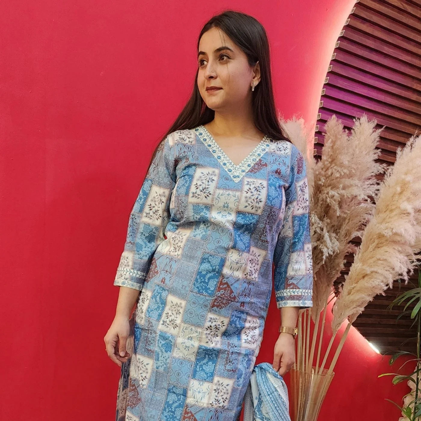 Skyblue Block Print Cotton Suit