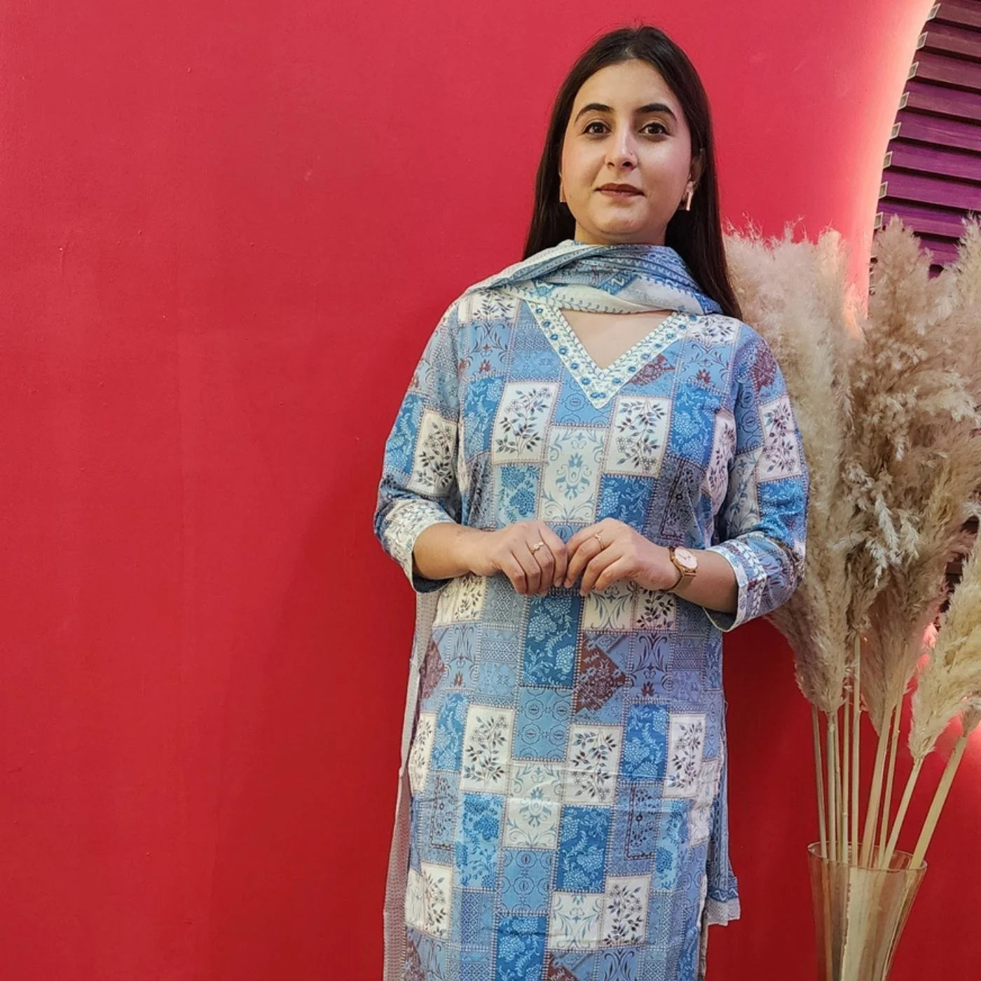 Skyblue Block Print Cotton Suit