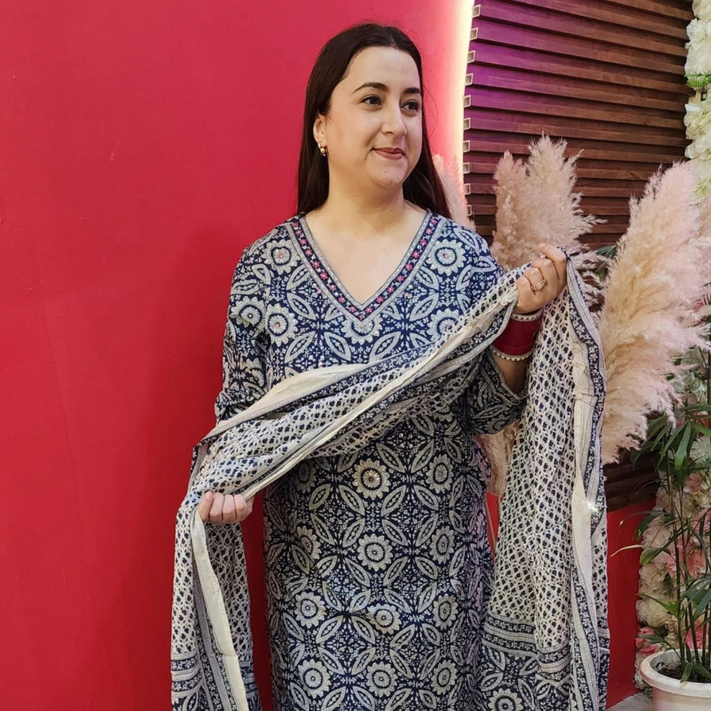 Blue Jaipuri A-Cut Shirt With Afghani & Dupatta