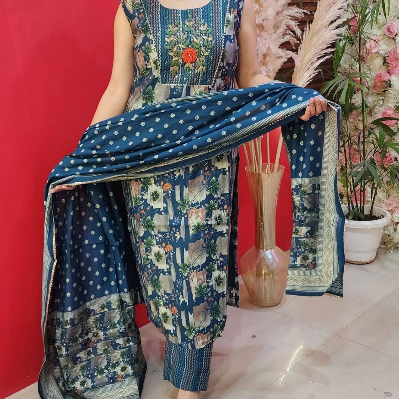 Turqoise Blue Muslin Suit With Flower Neckline