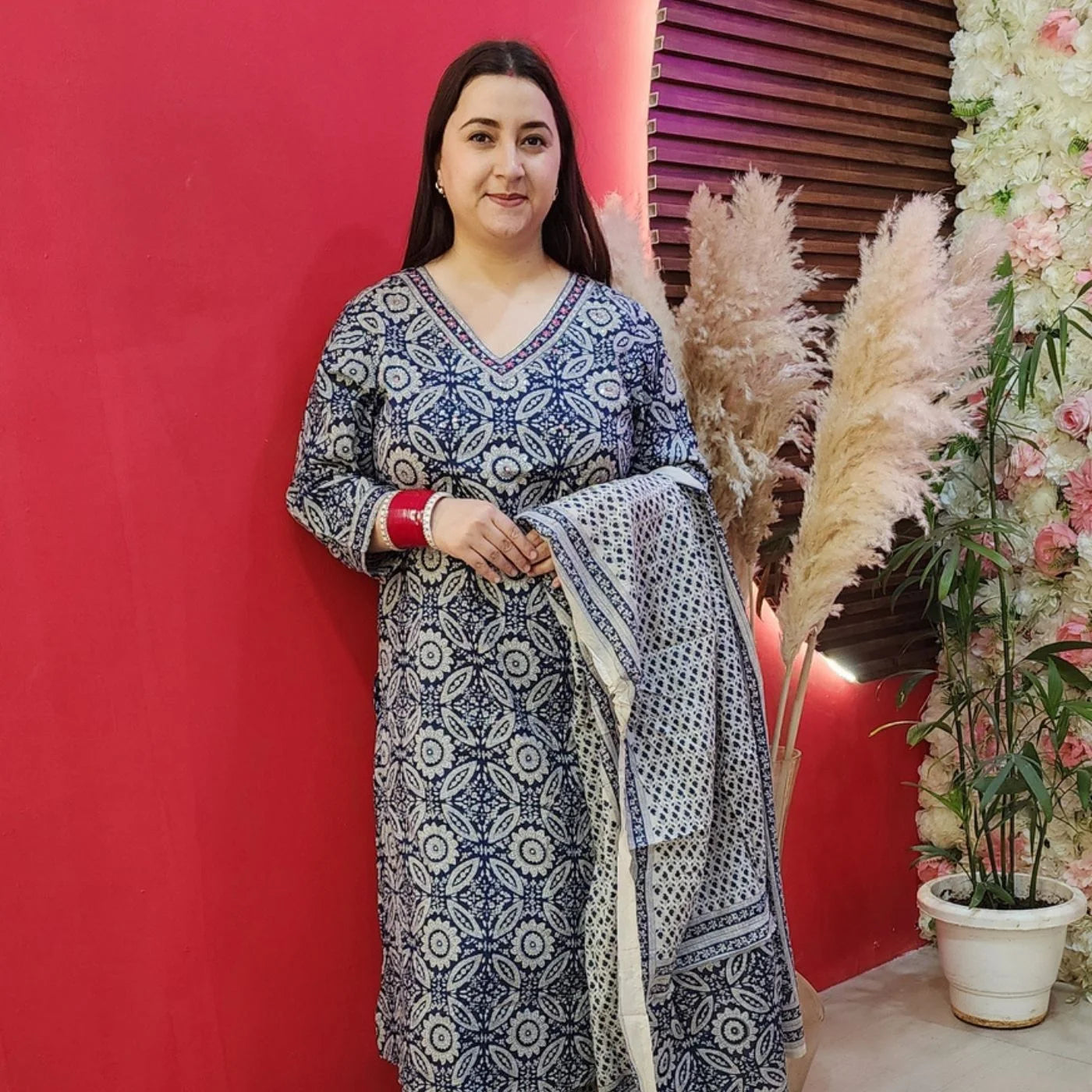 Blue Jaipuri A-Cut Shirt With Afghani & Dupatta