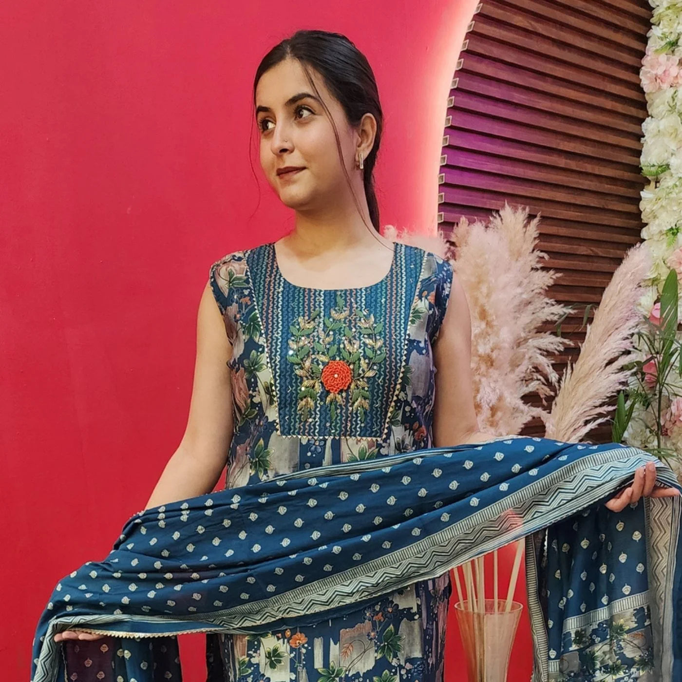 Turqoise Blue Muslin Suit With Flower Neckline