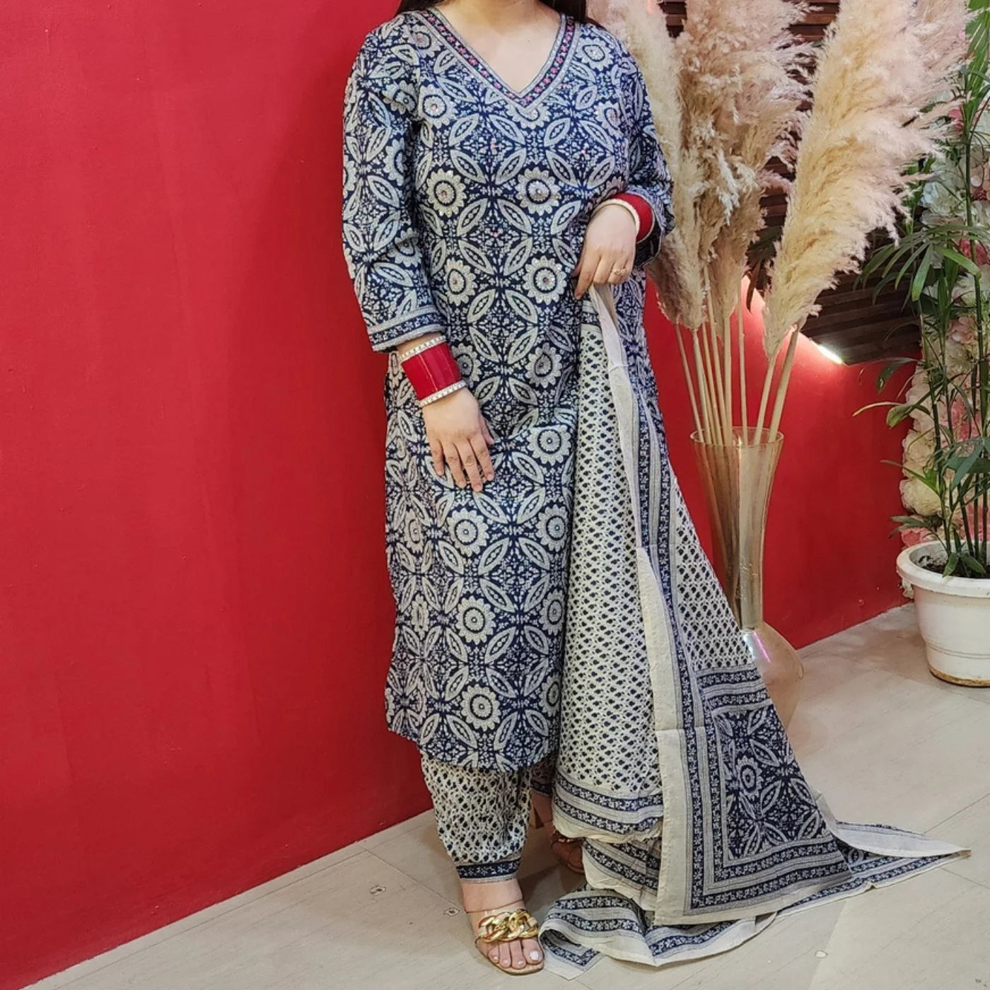 Blue Jaipuri A-Cut Shirt With Afghani & Dupatta