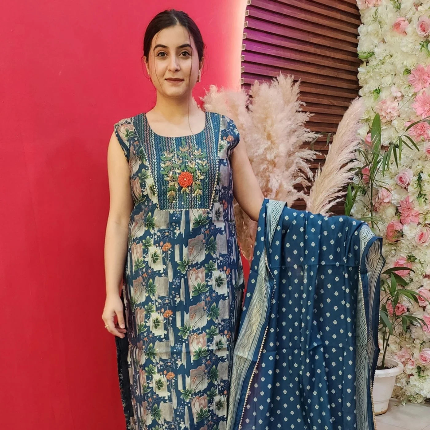 Turqoise Blue Muslin Suit With Flower Neckline