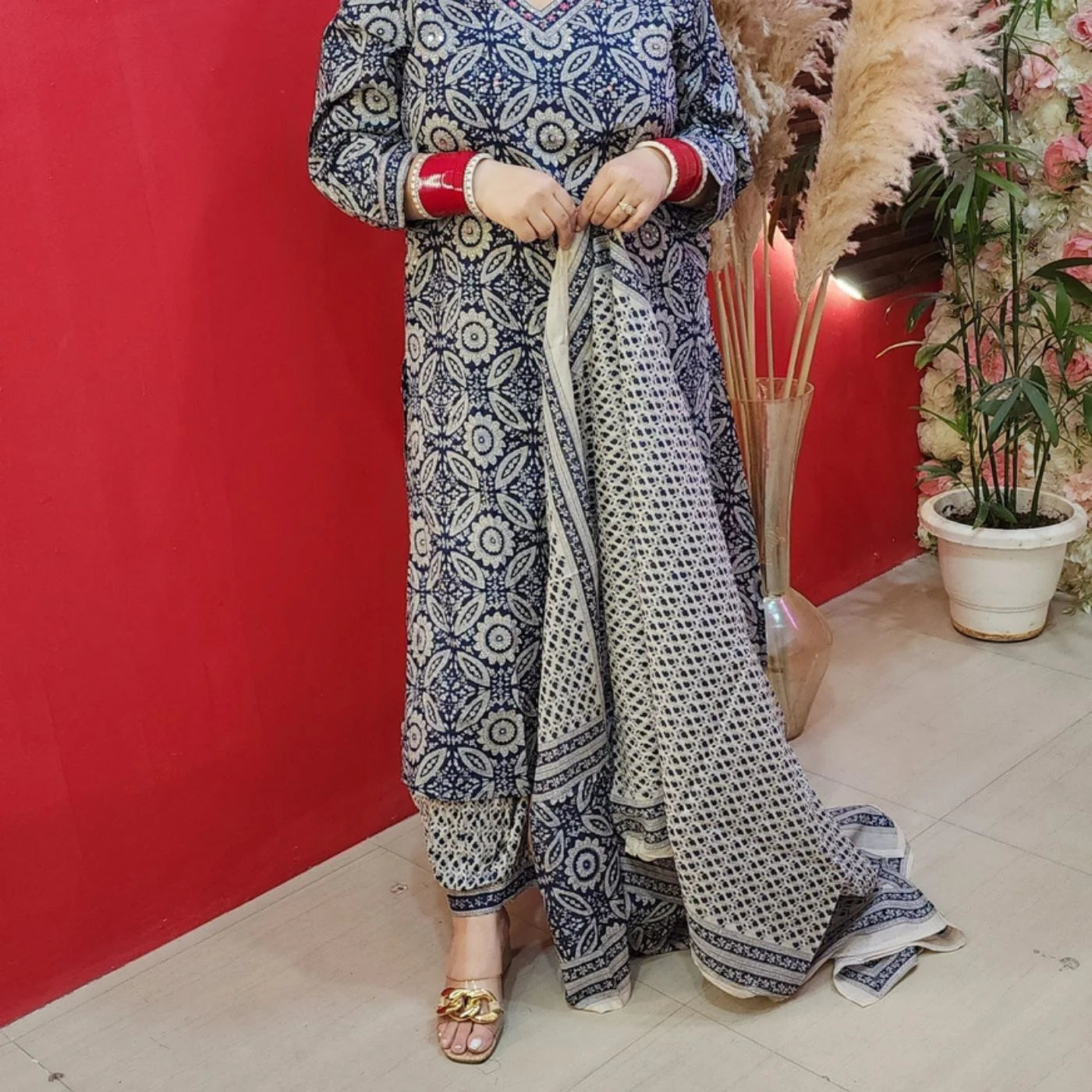 Blue Jaipuri A-Cut Shirt With Afghani & Dupatta