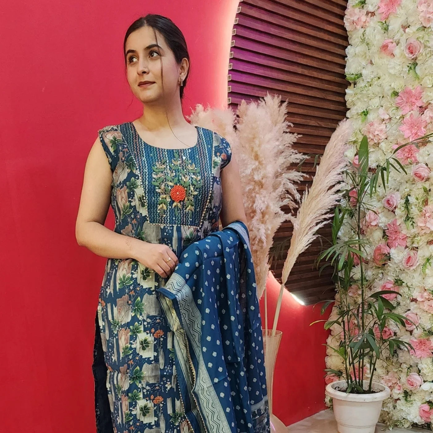 Turqoise Blue Muslin Suit With Flower Neckline