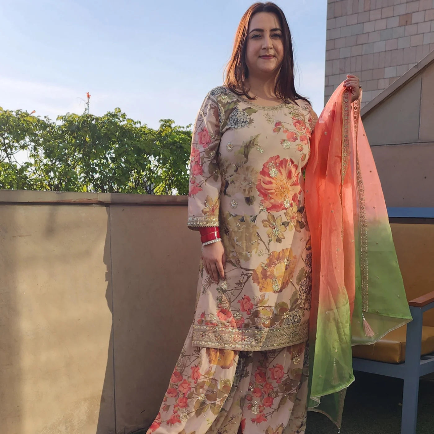 Beige Gharara Suit with Net Dupatta
