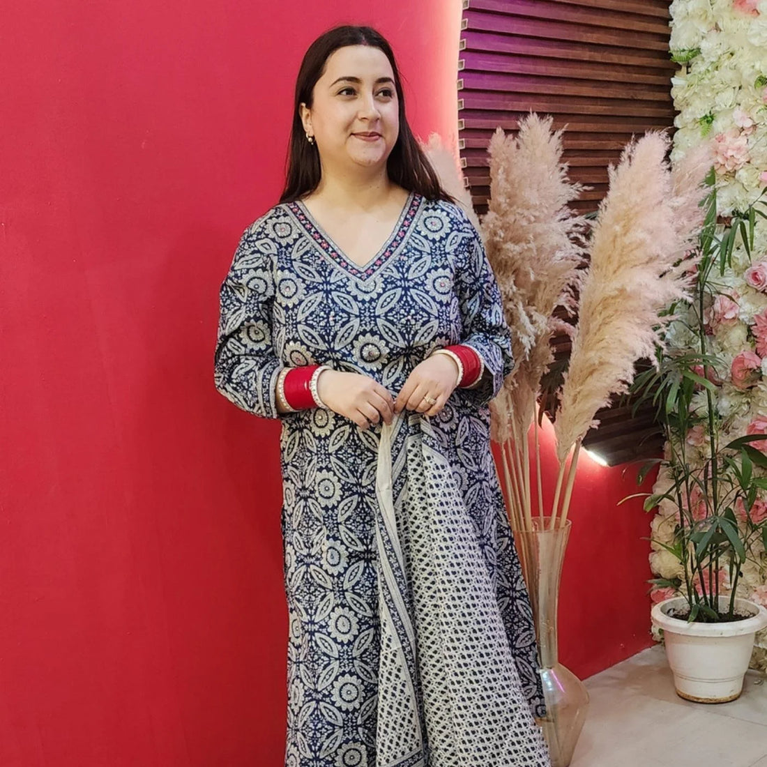 Blue Jaipuri A-Cut Shirt With Afghani & Dupatta