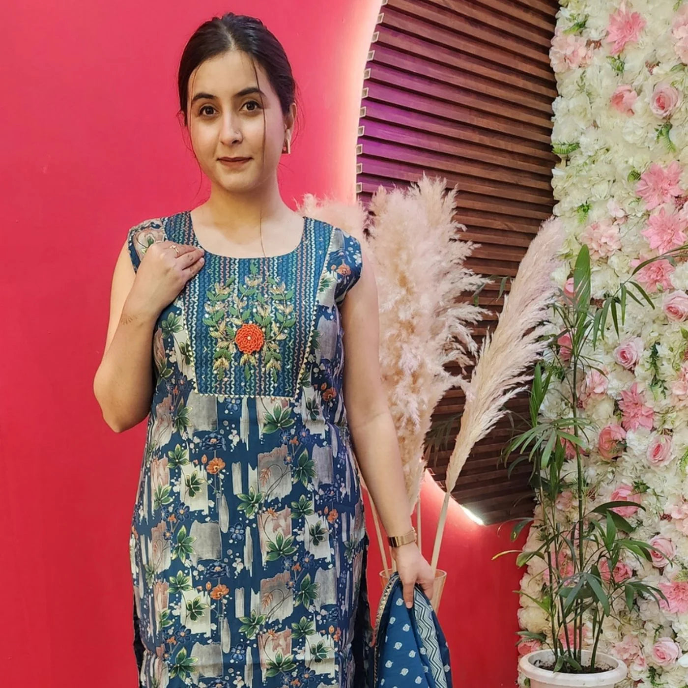 Turqoise Blue Muslin Suit With Flower Neckline