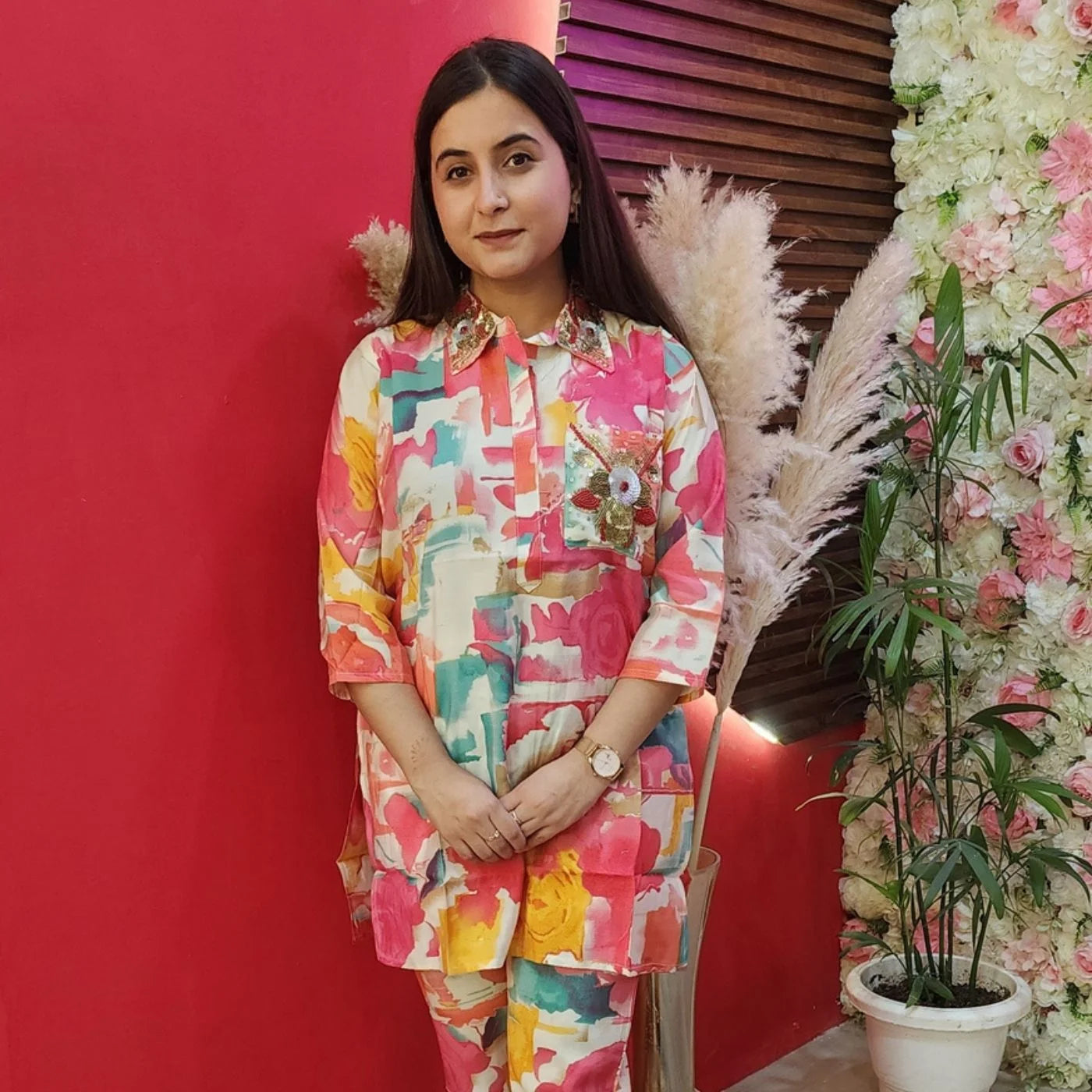 Pink & White Cord Set With Embroided Pocket & Collar