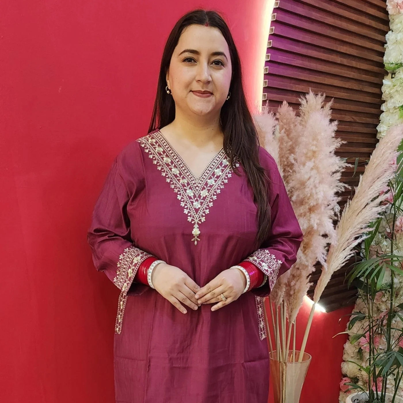 Wine Embroided Cord Set