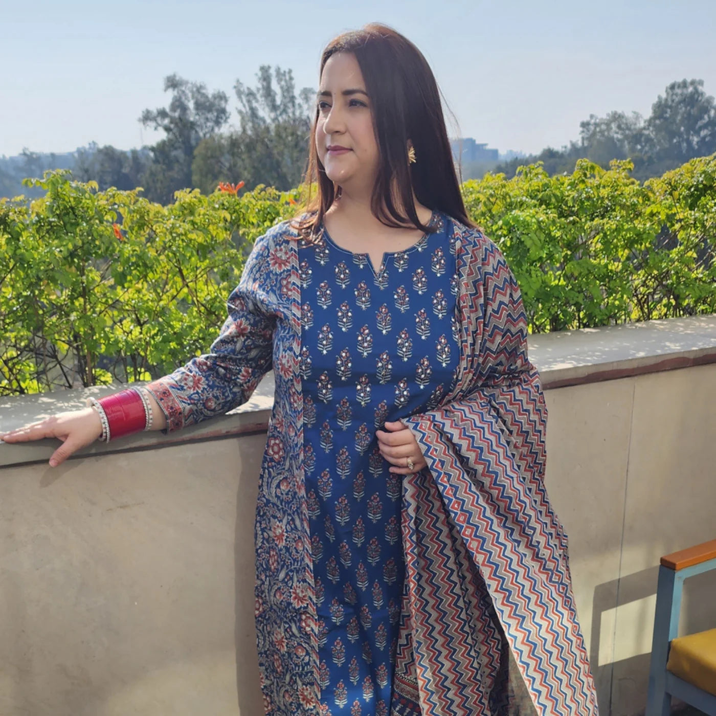 Navy Blue cotton Flower Leaf Print Suit