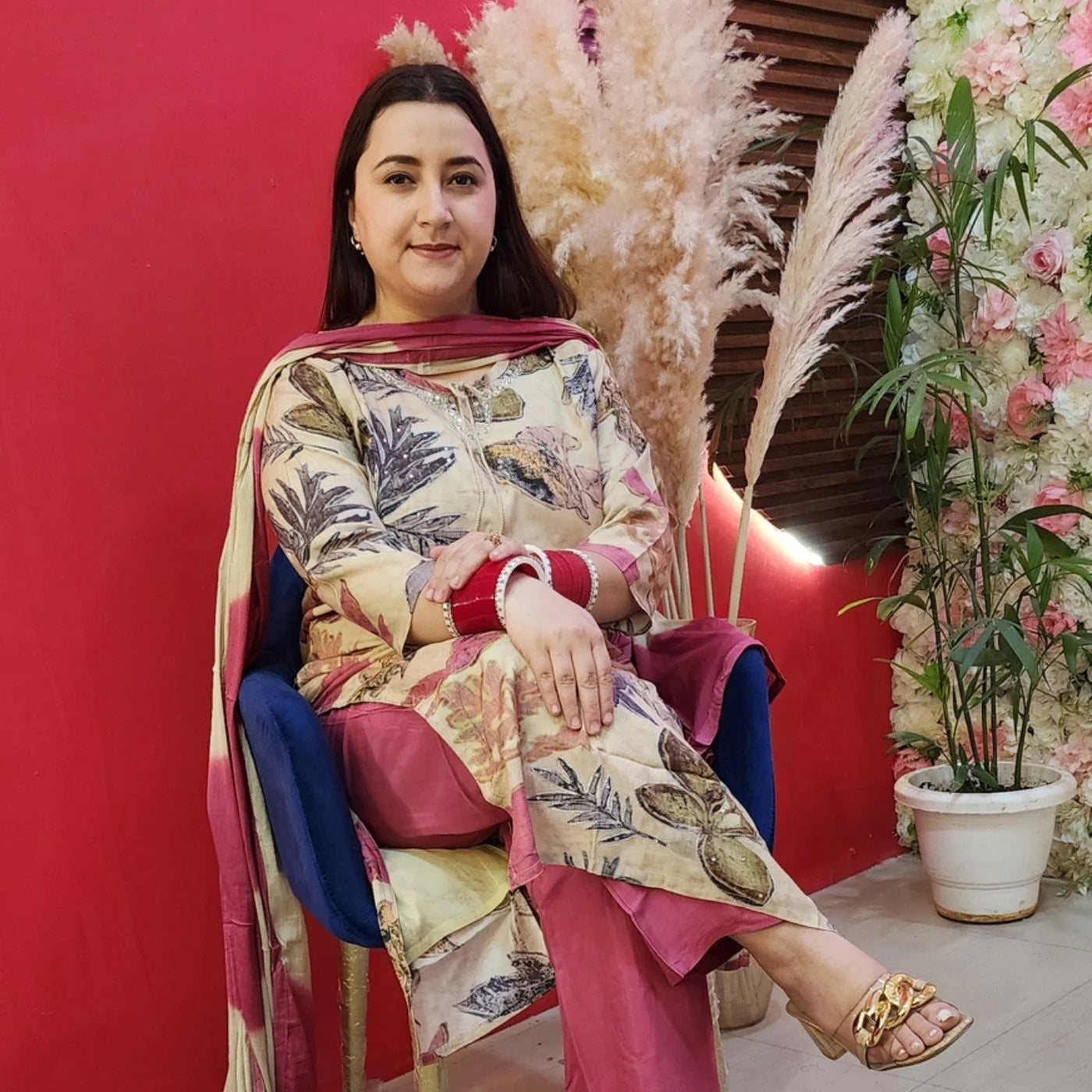 Cream Pink Muslin Suit