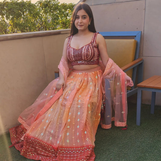 Orange Maroon Chikungari Lehnga