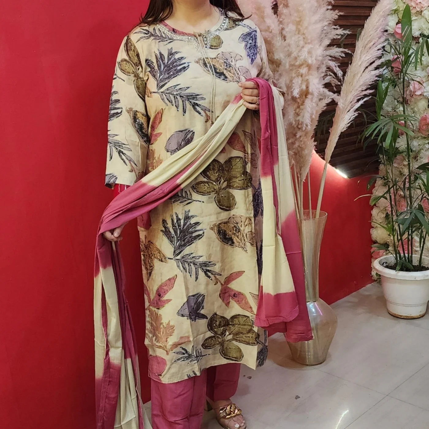 Cream Pink Muslin Suit