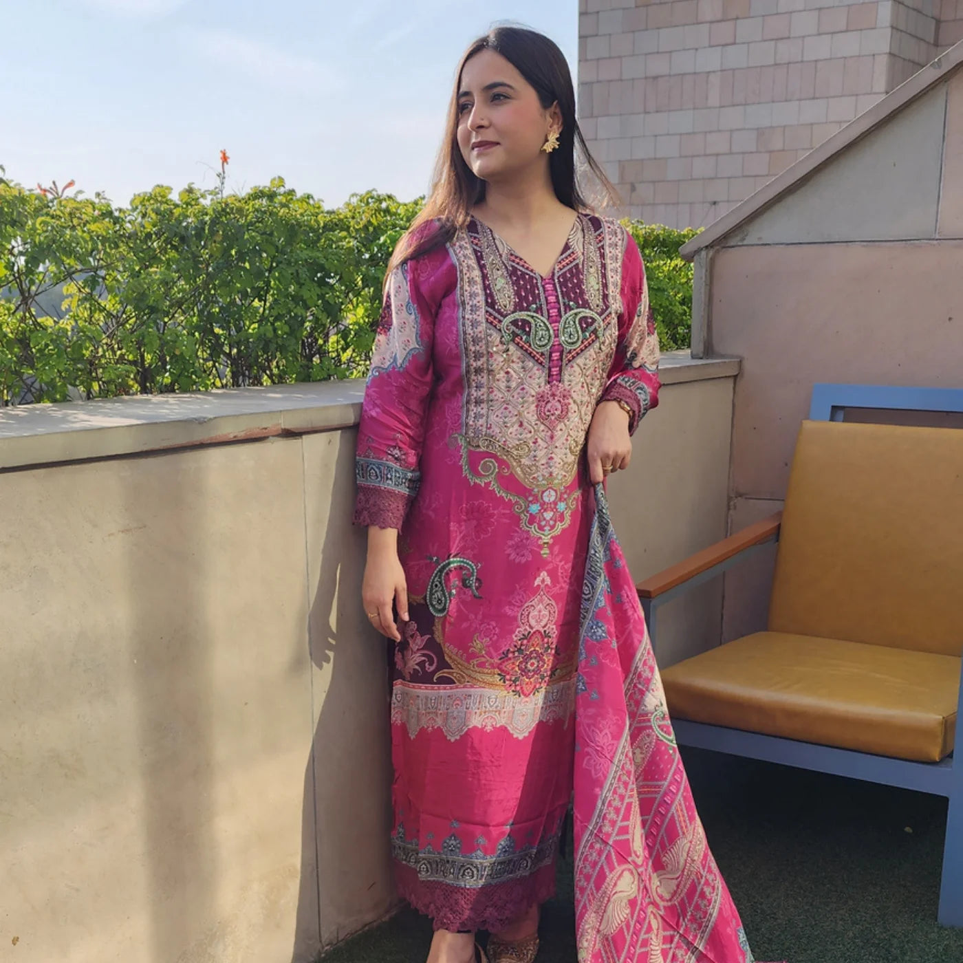 Pakistani Hot Pink Digital Print Muslin Suit