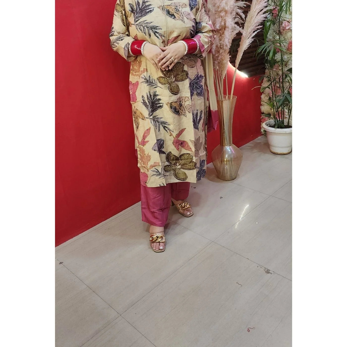Cream Pink Muslin Suit