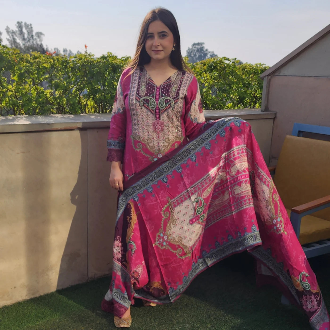 Pakistani Hot Pink Digital Print Muslin Suit
