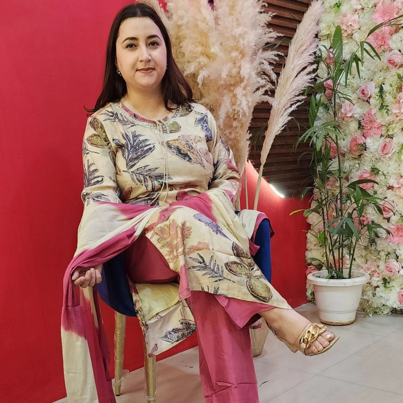 Cream Pink Muslin Suit