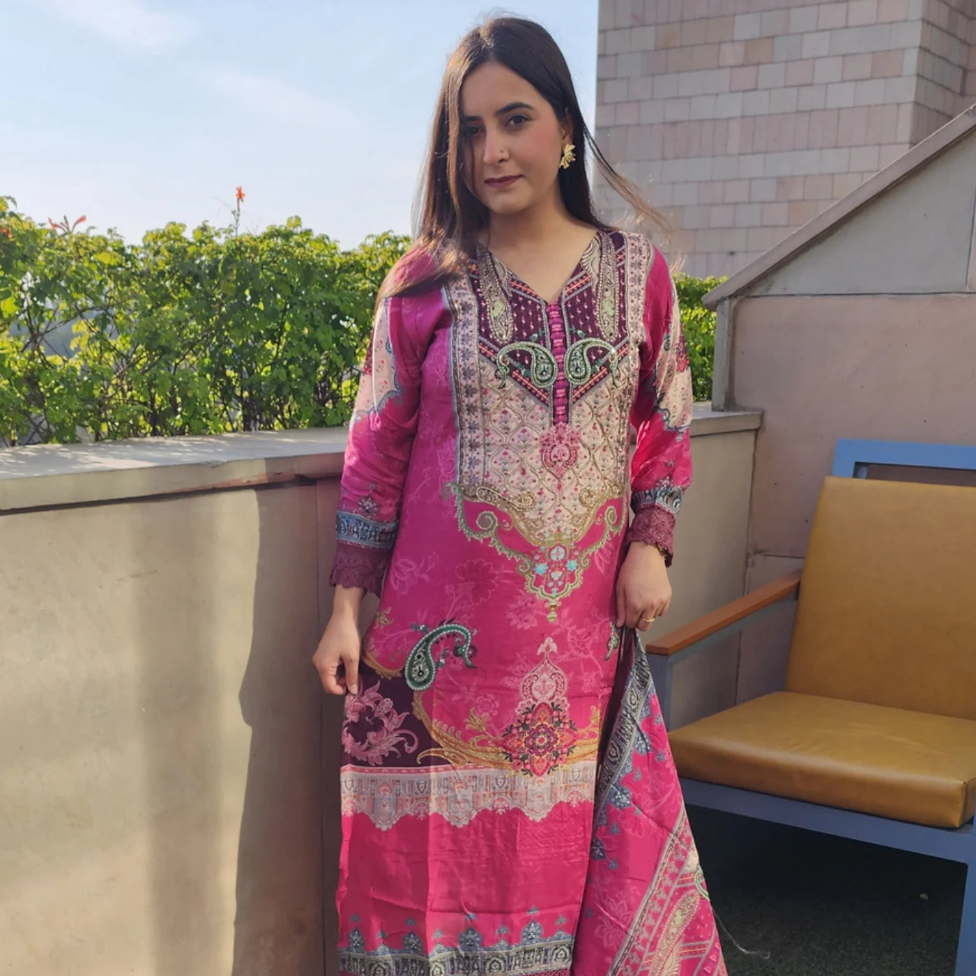 Pakistani Hot Pink Digital Print Muslin Suit