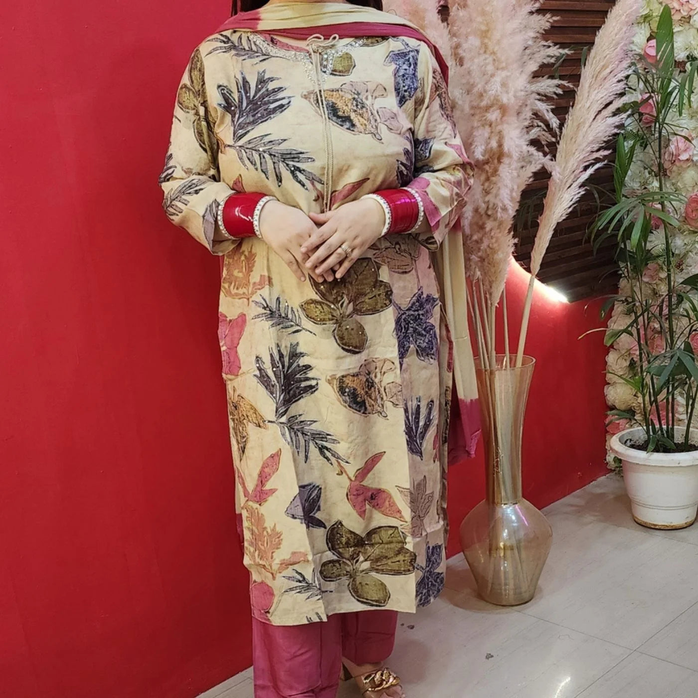 Cream Pink Muslin Suit