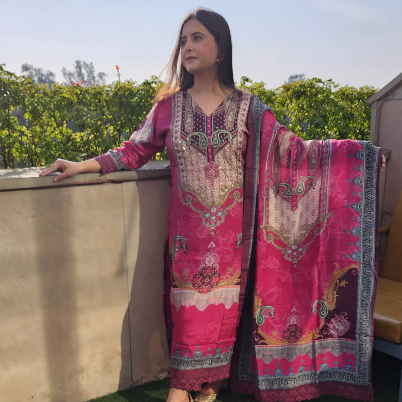 Pakistani Hot Pink Digital Print Muslin Suit