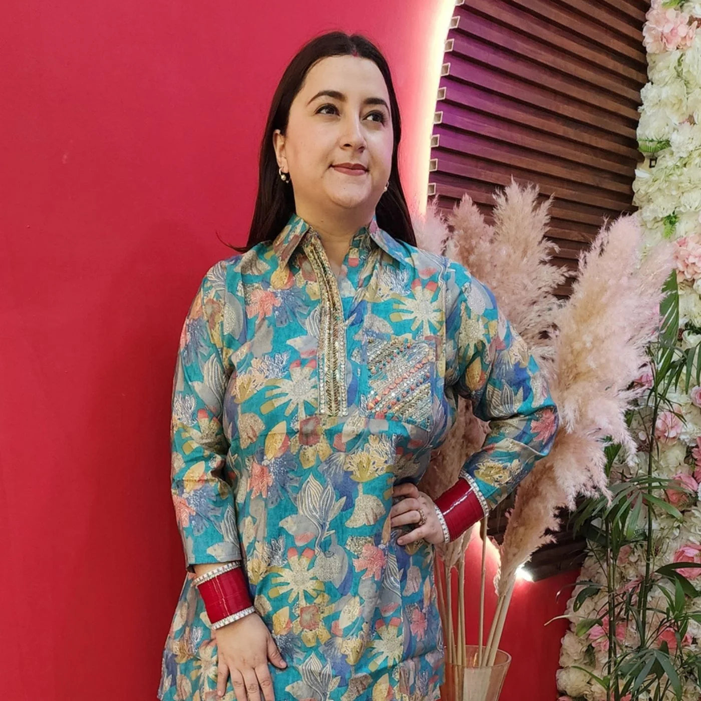 Greenish Blue Cord Set With Embroided Neckline & A Pocket