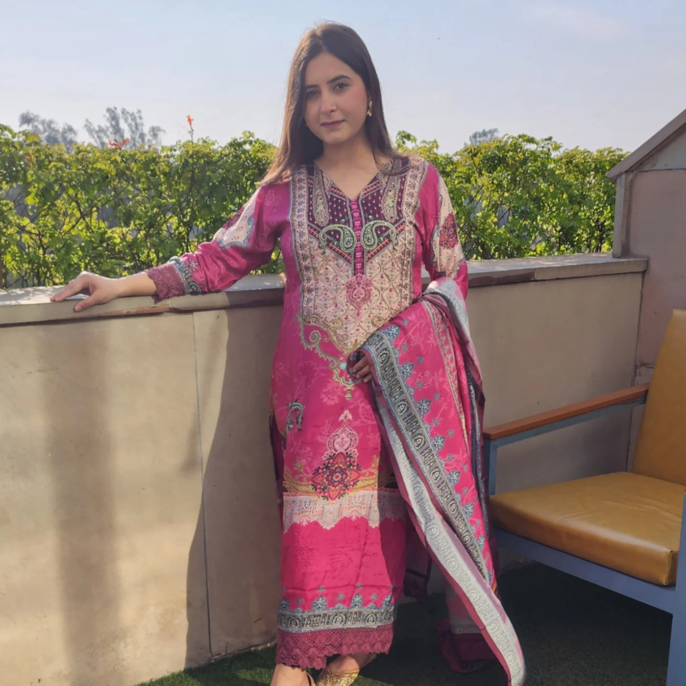 Pakistani Hot Pink Digital Print Muslin Suit