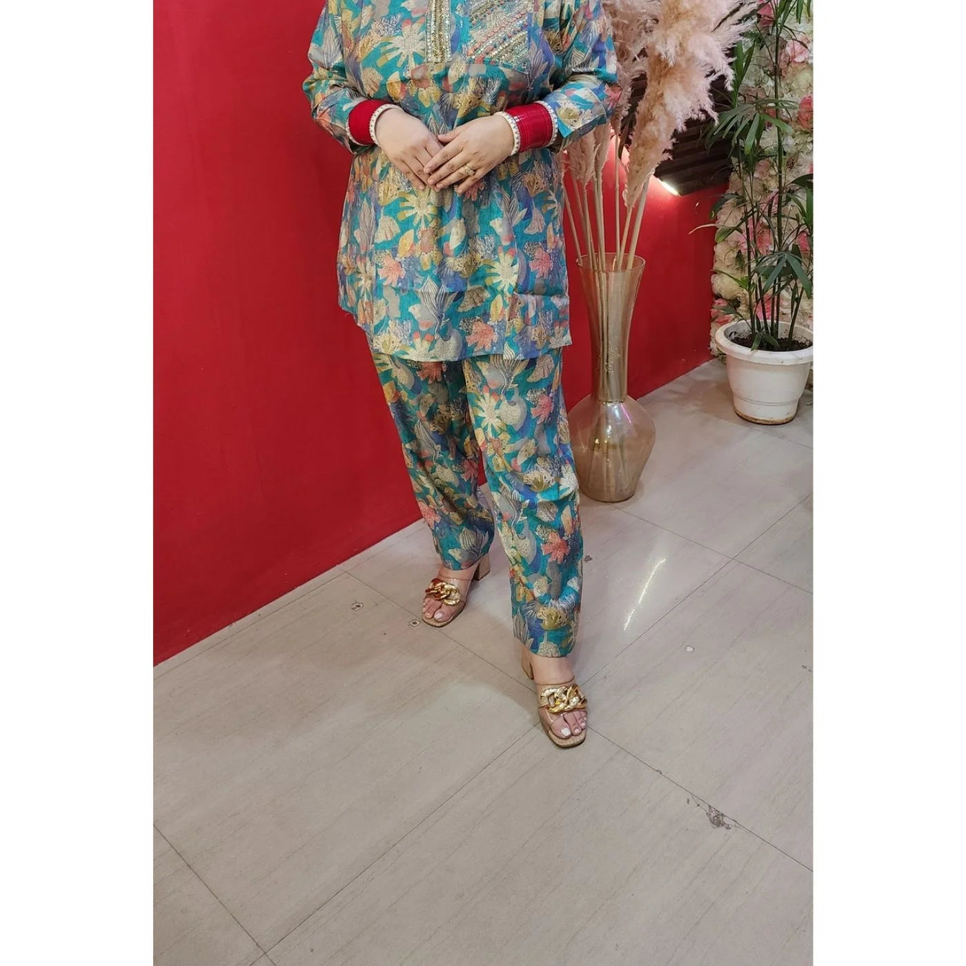 Greenish Blue Cord Set With Embroided Neckline & A Pocket