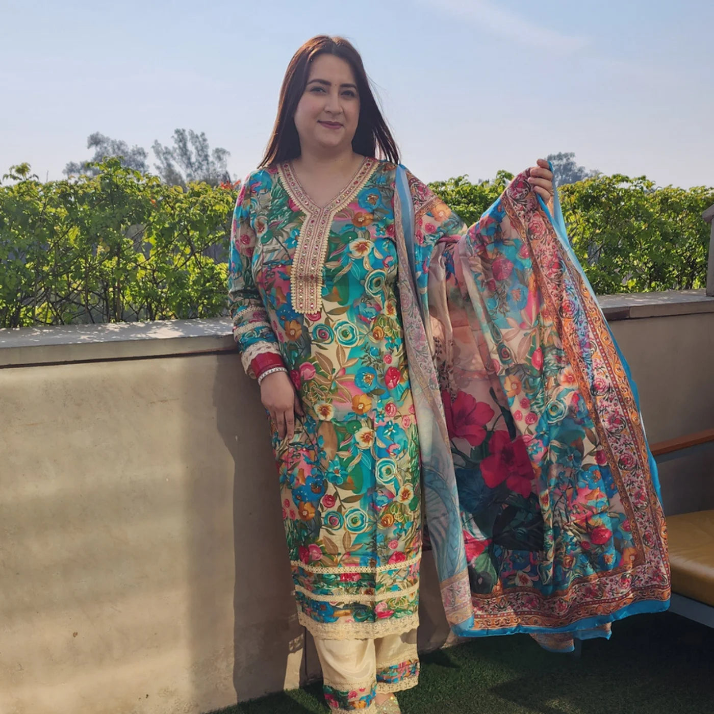 Pakistani Muslin Peacock Printed Blue Suit
