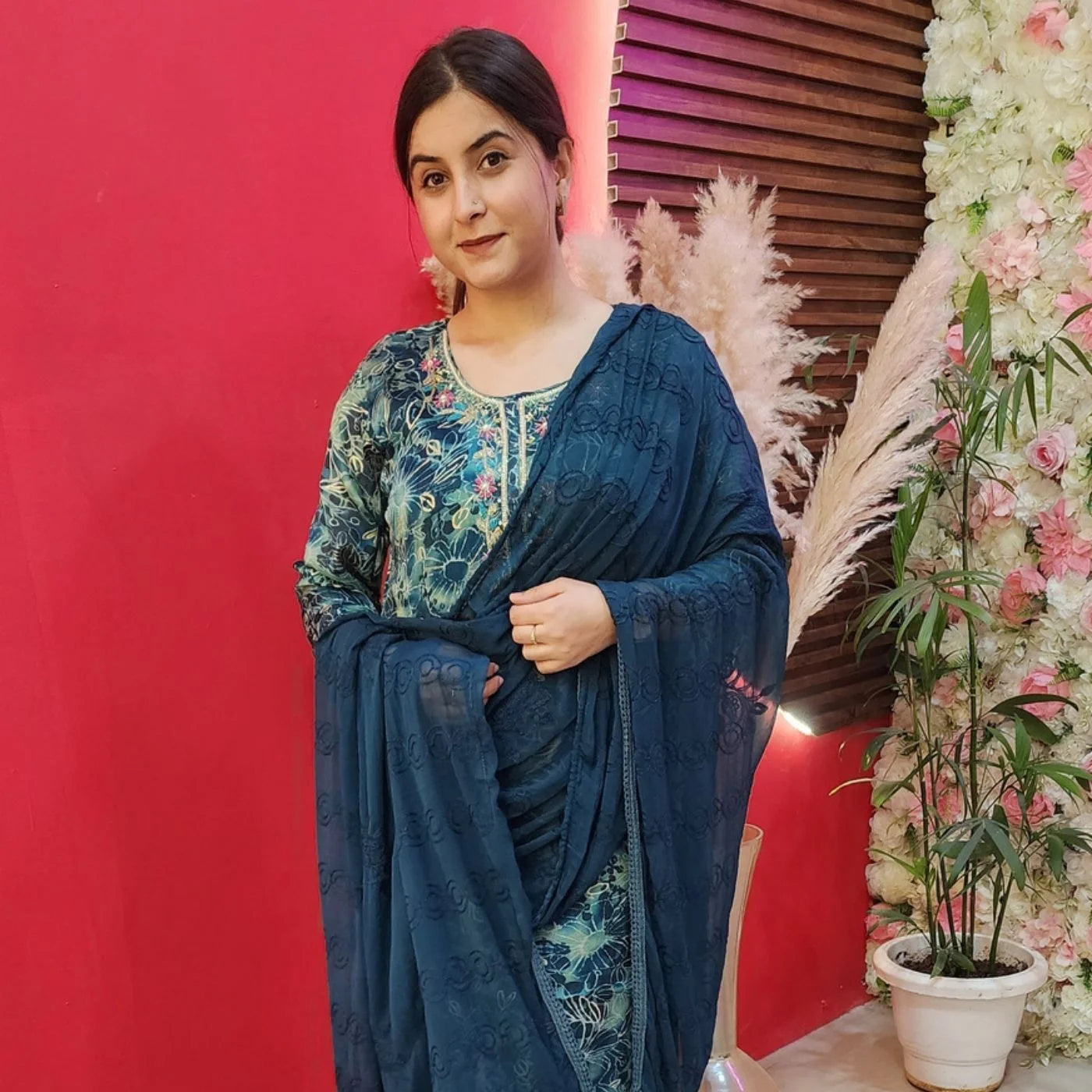 Greenish Blue Digital Print Suit With Pink Pearl Flowers