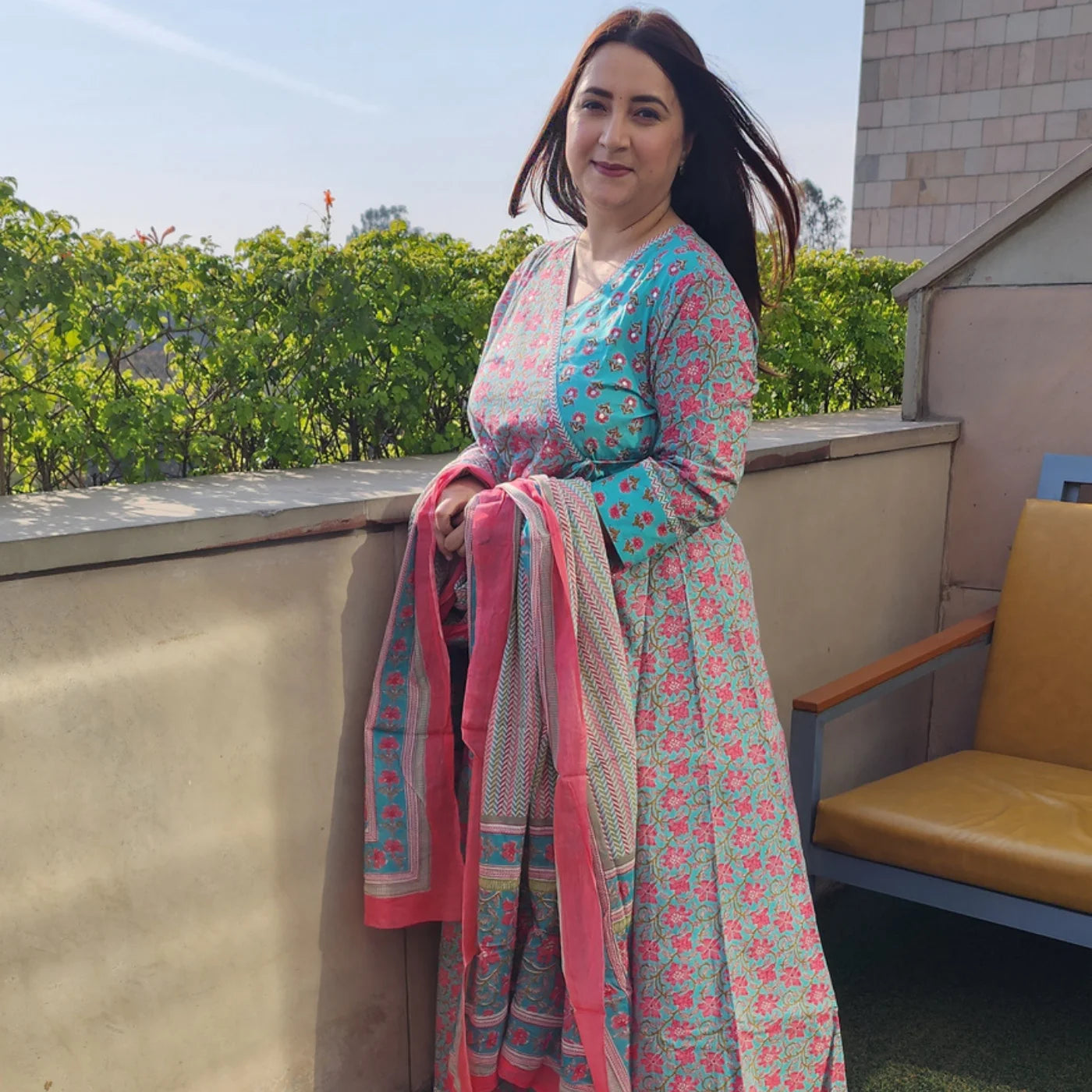 Pink and Sky Blue Cotton Frock Suit