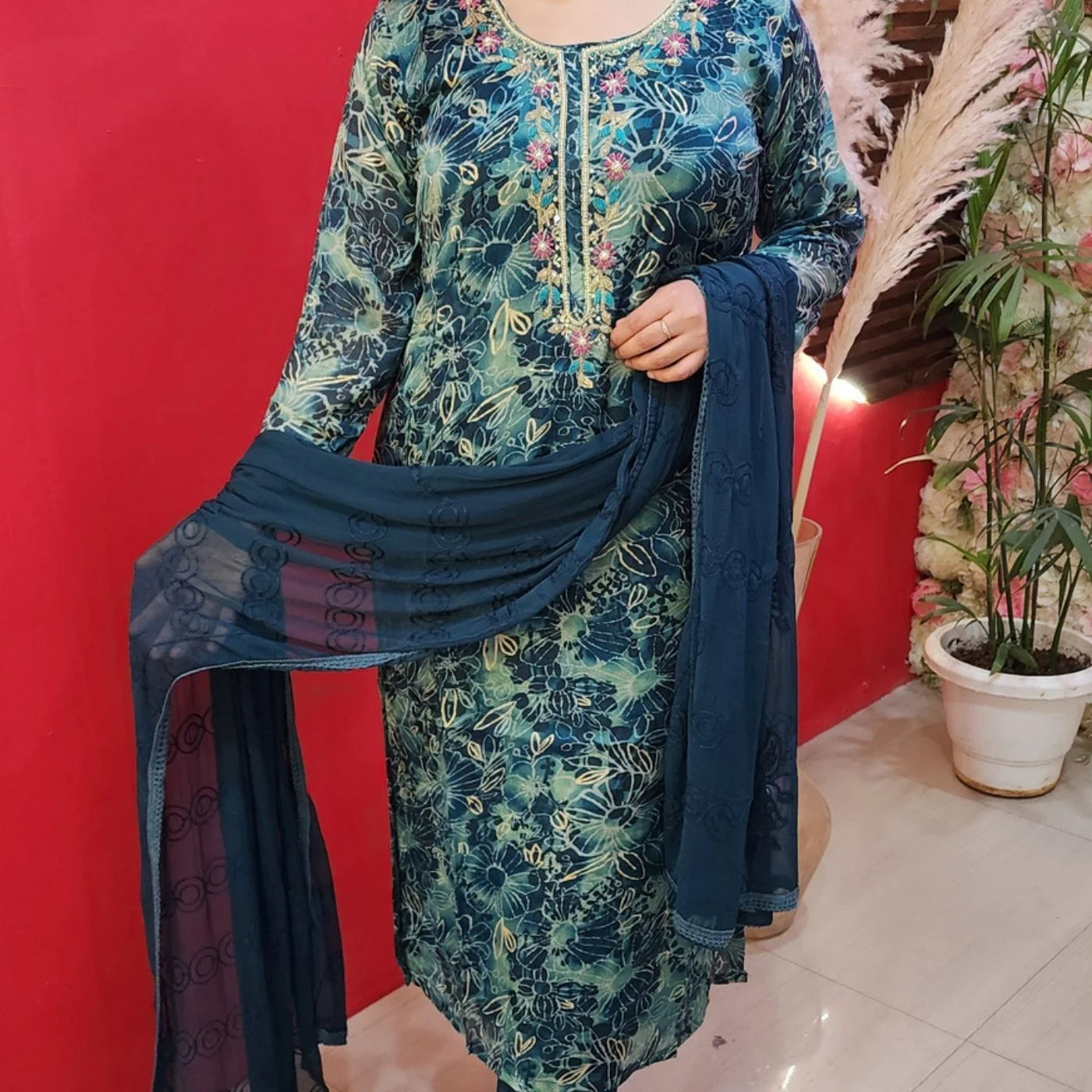 Greenish Blue Digital Print Suit With Pink Pearl Flowers