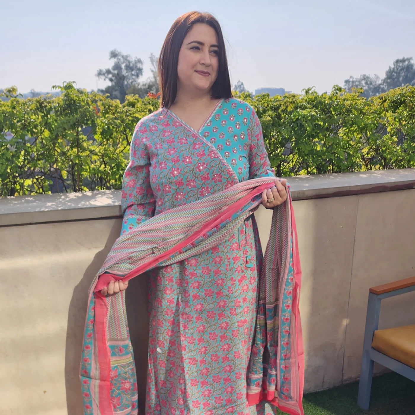 Pink and Sky Blue Cotton Frock Suit